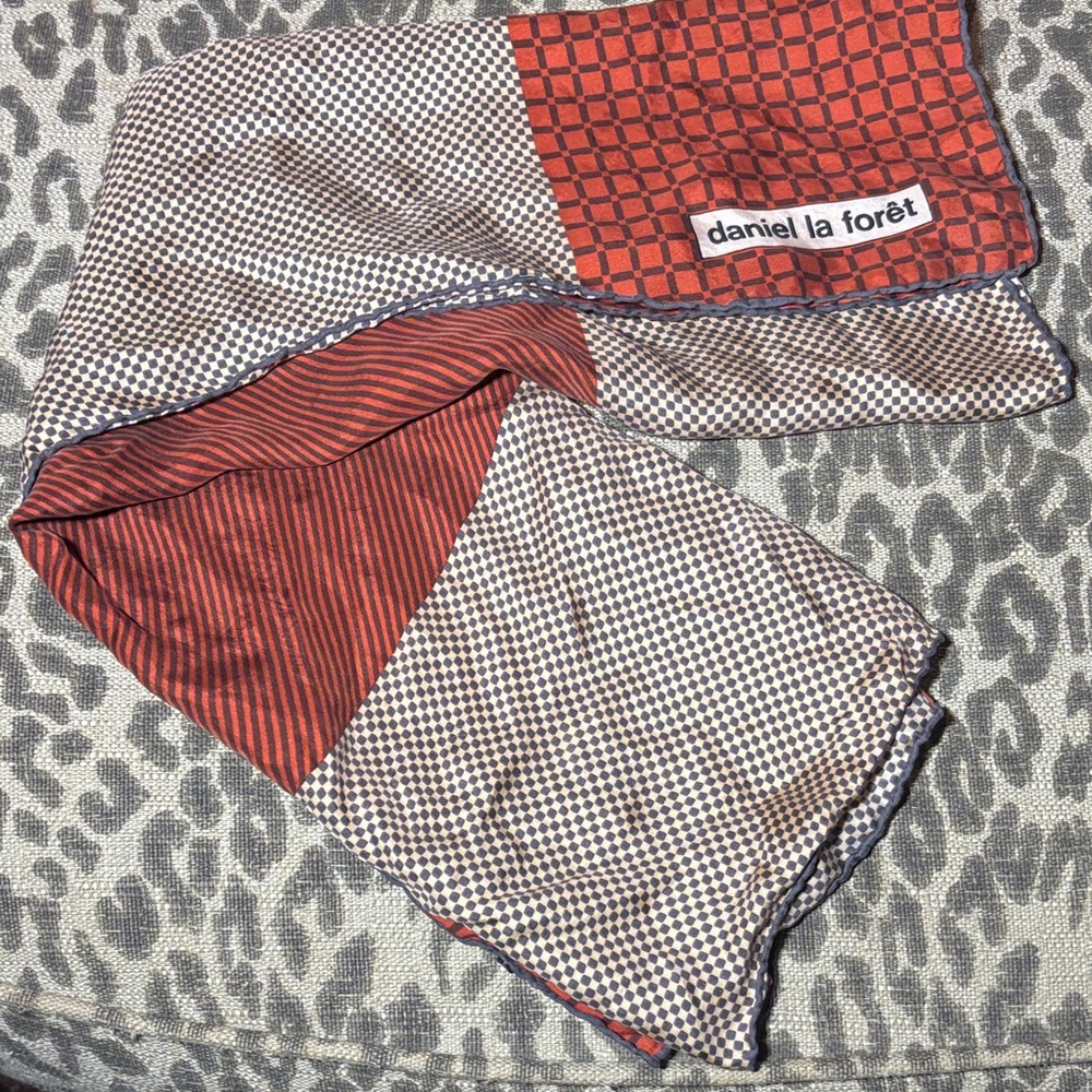 Daniel La foret silk scarf plaid houndstooth rust color neutral square‎ scarf